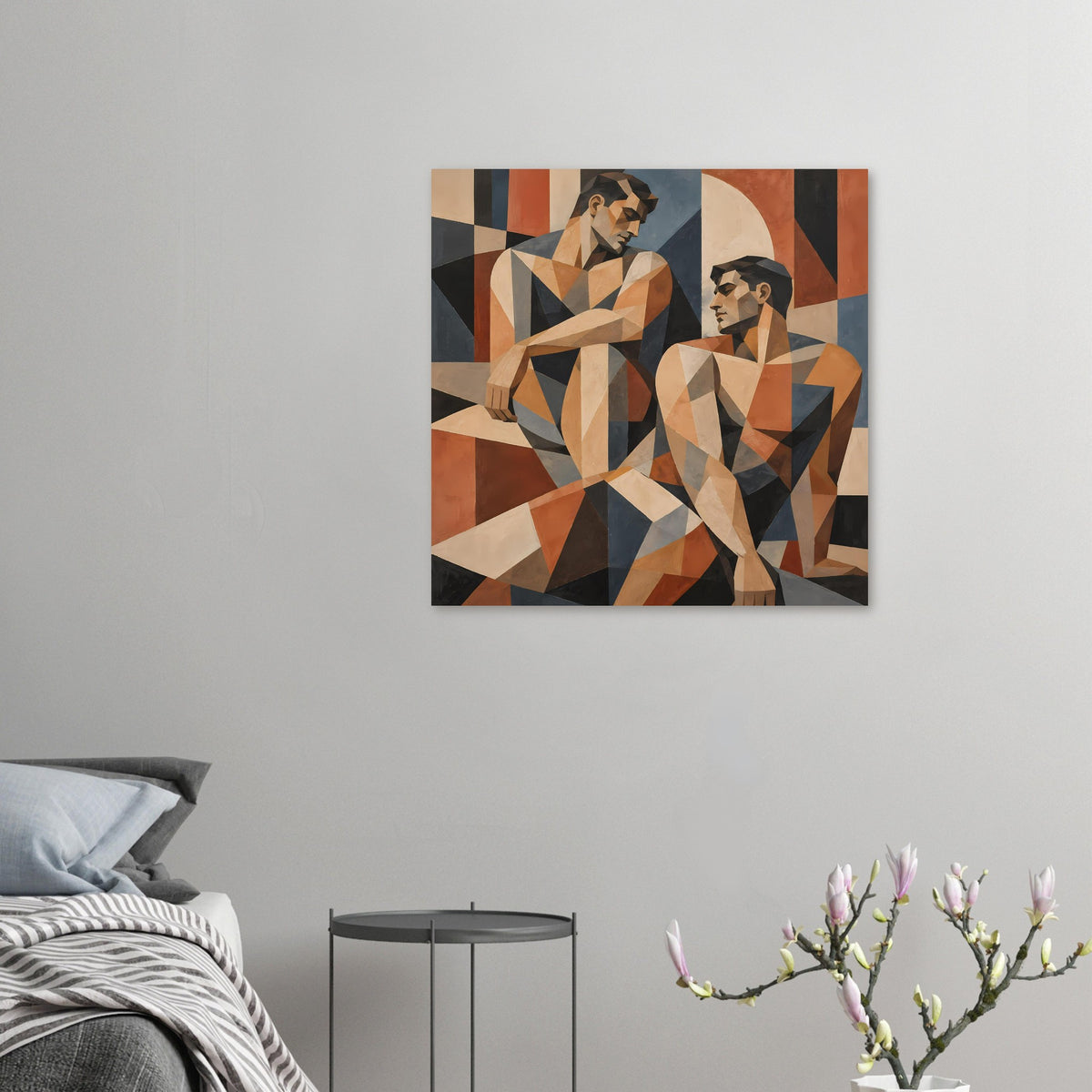 Kleines geometrisches Kunstposter mit zwei Figuren in warmen Erdtönen, beige und dunkles Blau