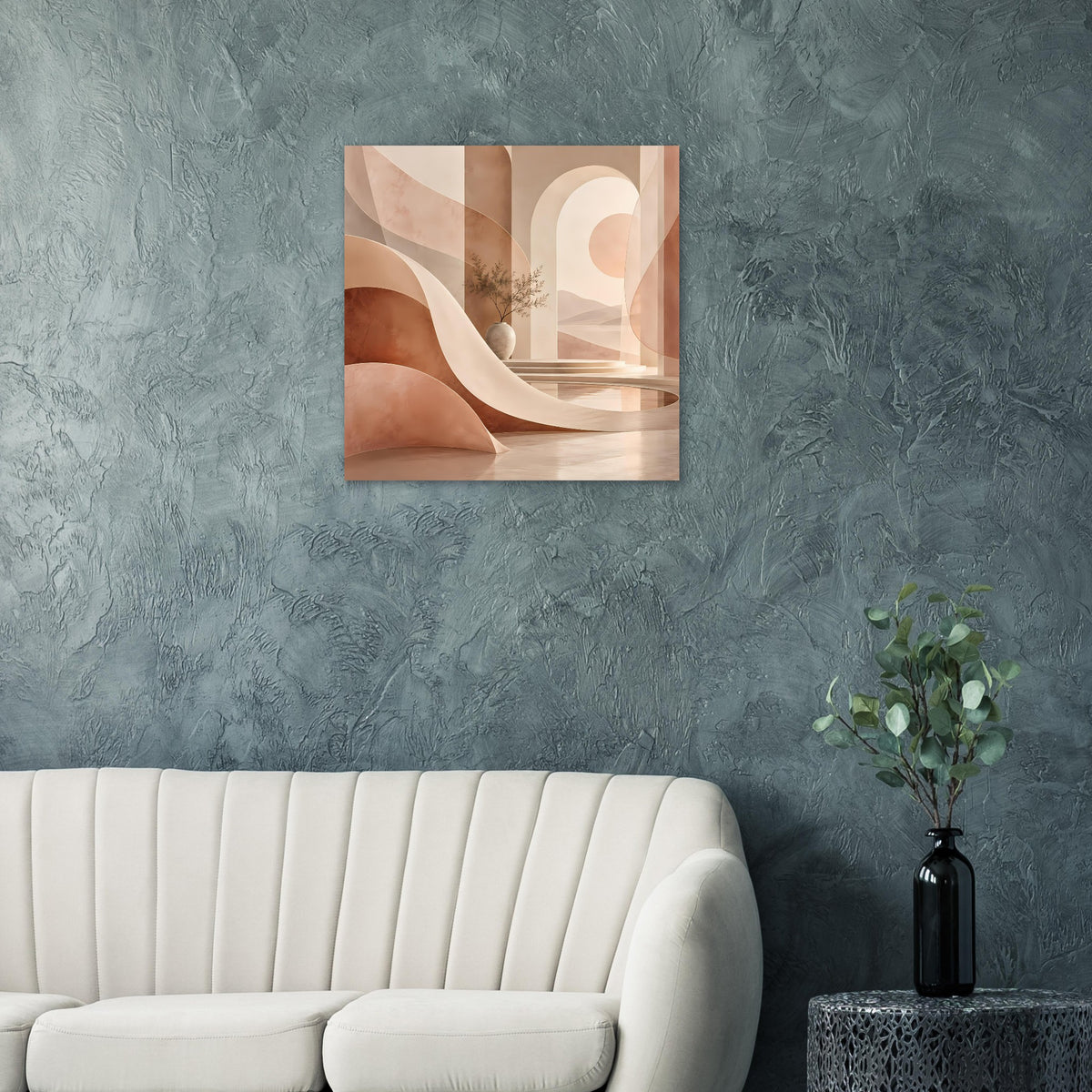 Abstraktes Poster im Holzrahmen mit Torbogen-Kurven in warmem Beige und Rosabraun