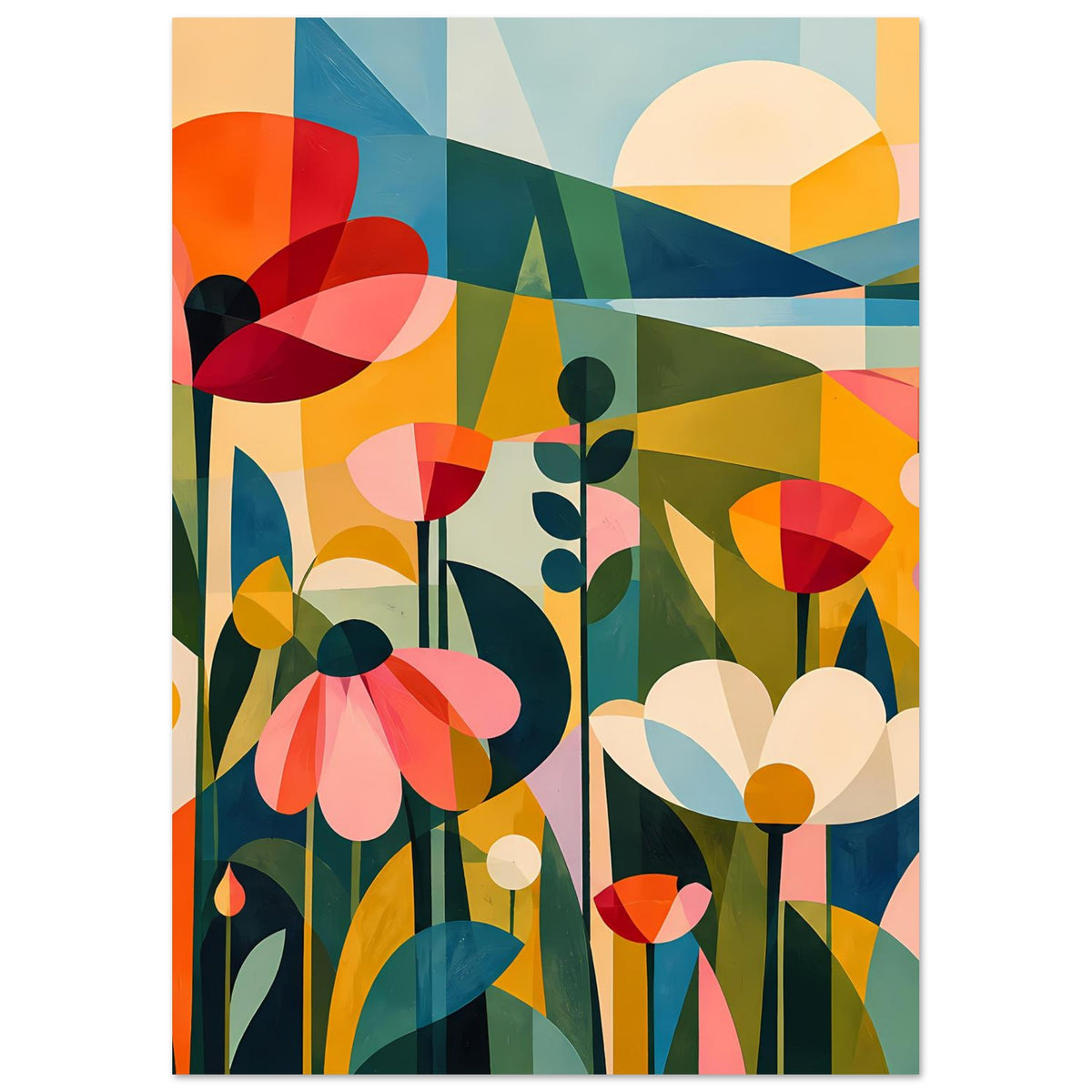 Blumenposter mit bunten abstrakten Blumen und Landschaftsformen, überwiegend in Grün- und Orangetönen.