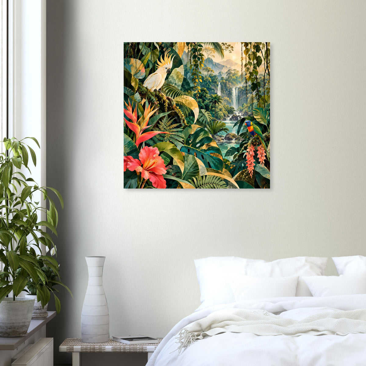 Quadratisches Wandposter mit Papagei zwischen Palmen und Blüten