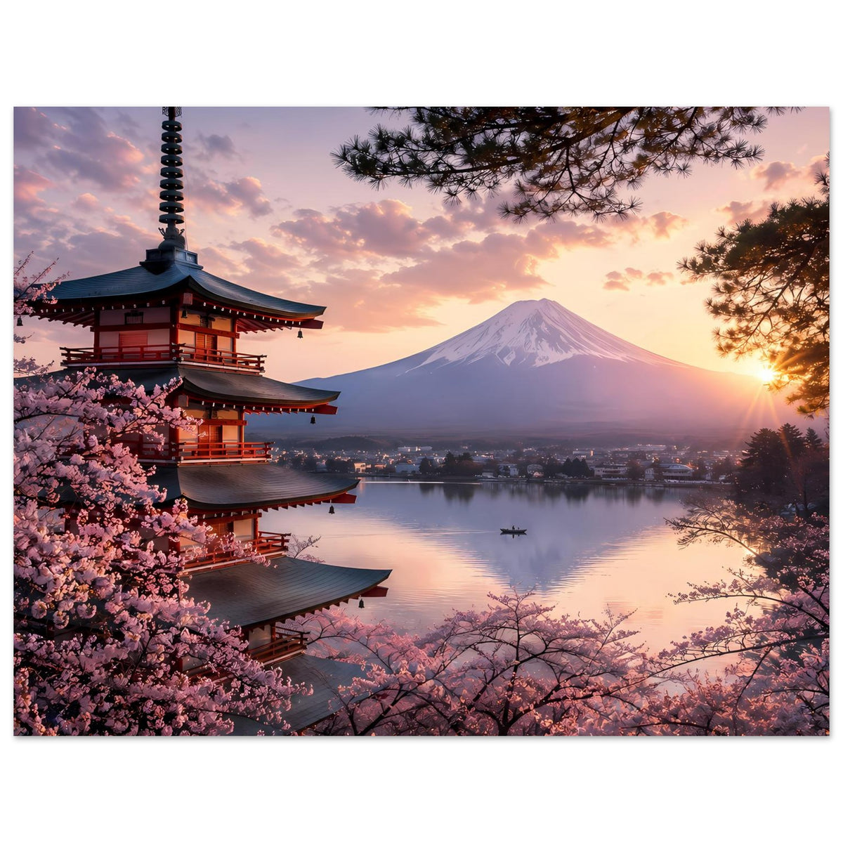 Horizontales Poster mit japanischer Pagode, Kirschblüten und Mount Fuji über dem See