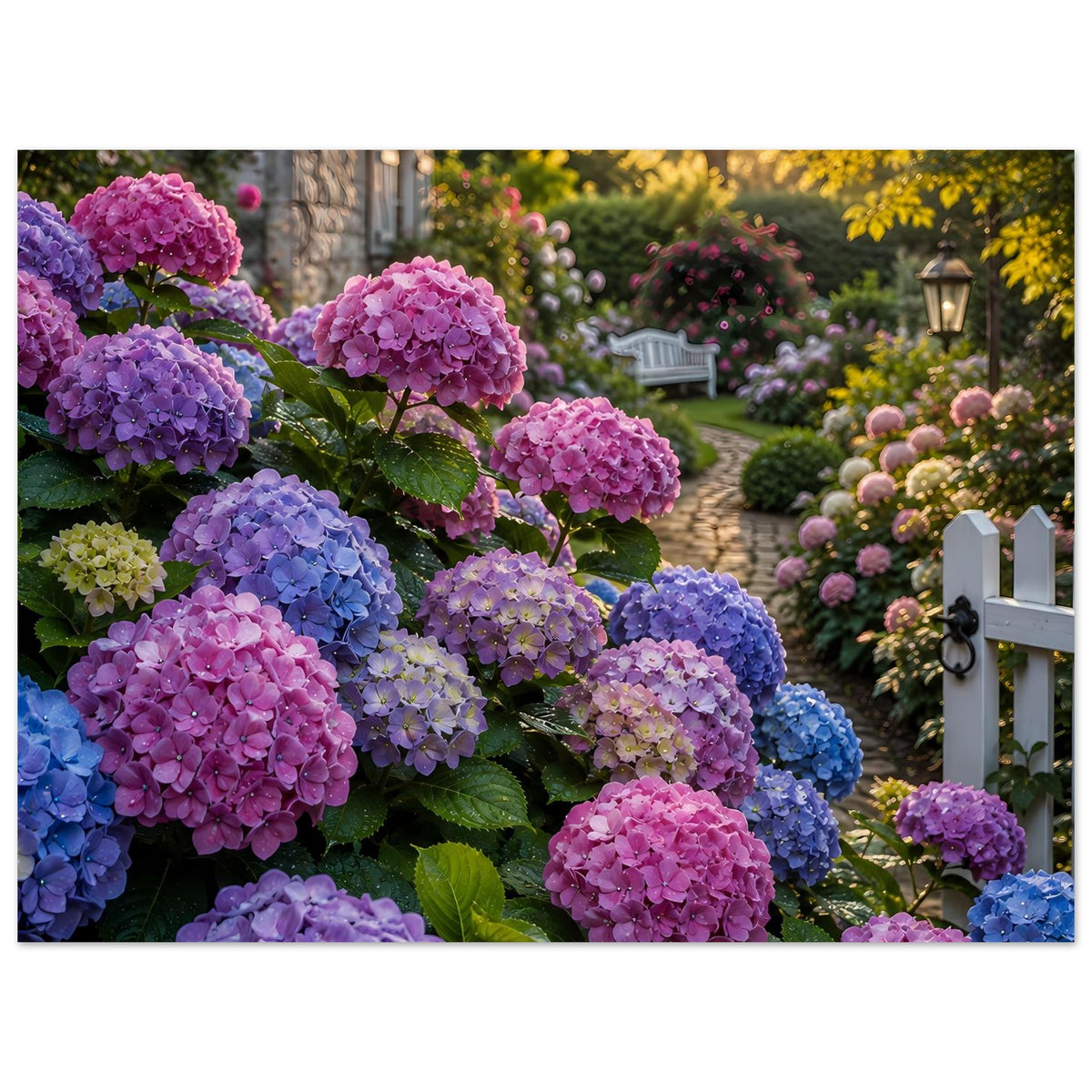 Hydrangea-Gartenposter mit blauen und pinken Hortensien sowie Laterne und Bank im Hintergrund