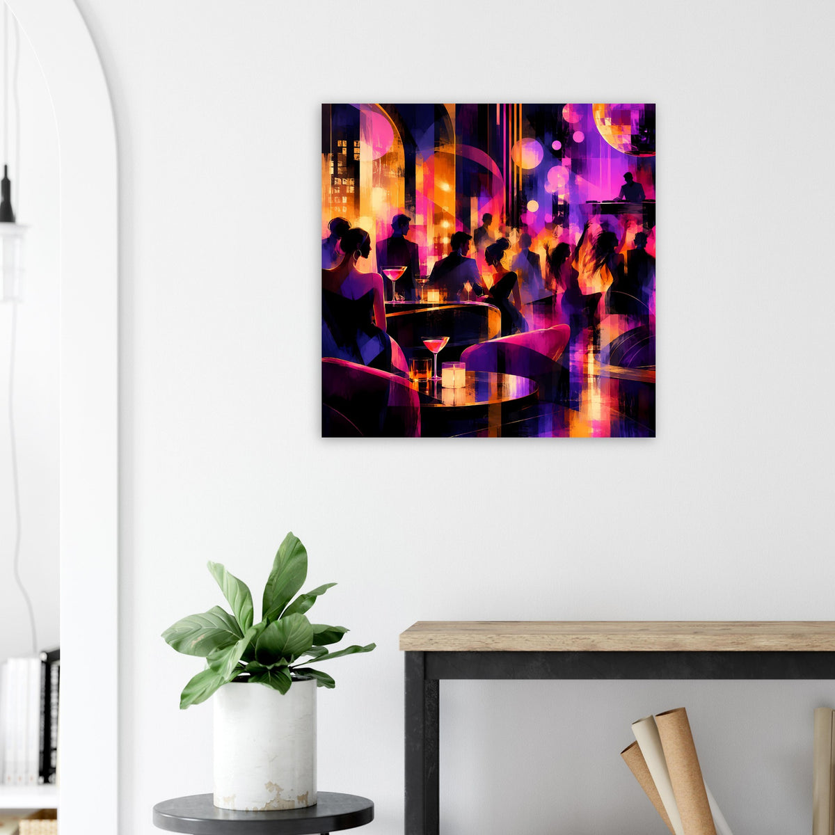 Quadratisches Wandposter mit Loungeabend: Silhouetten, pink-violett-orange Lichteffekte