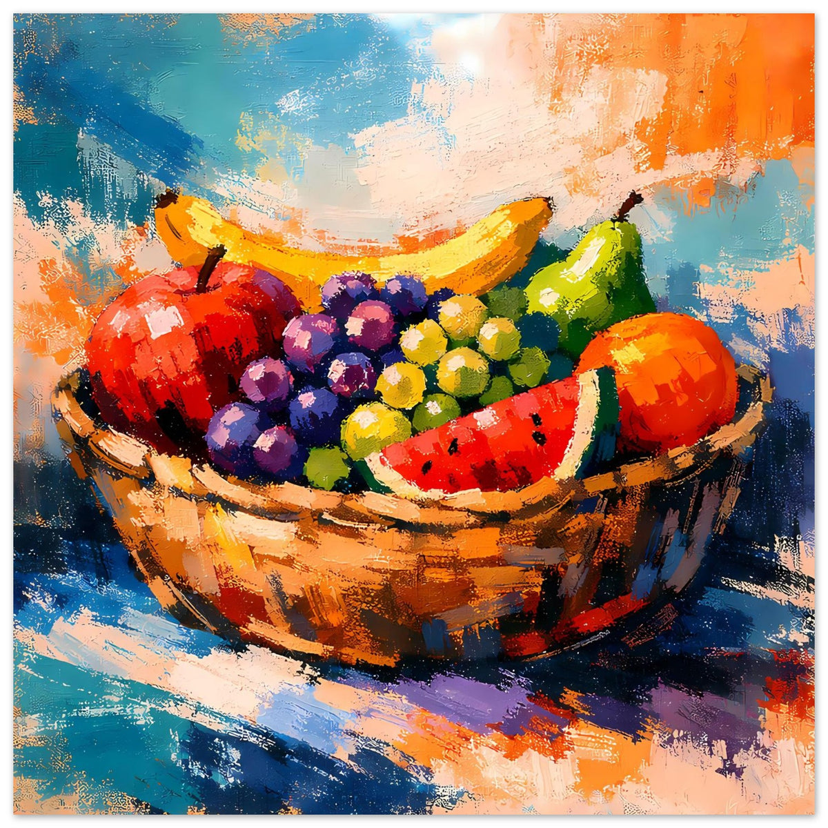 Obstkorb-Poster mit gemalter Fruchtschale, detaillierte bunte Beeren und Wassermelone