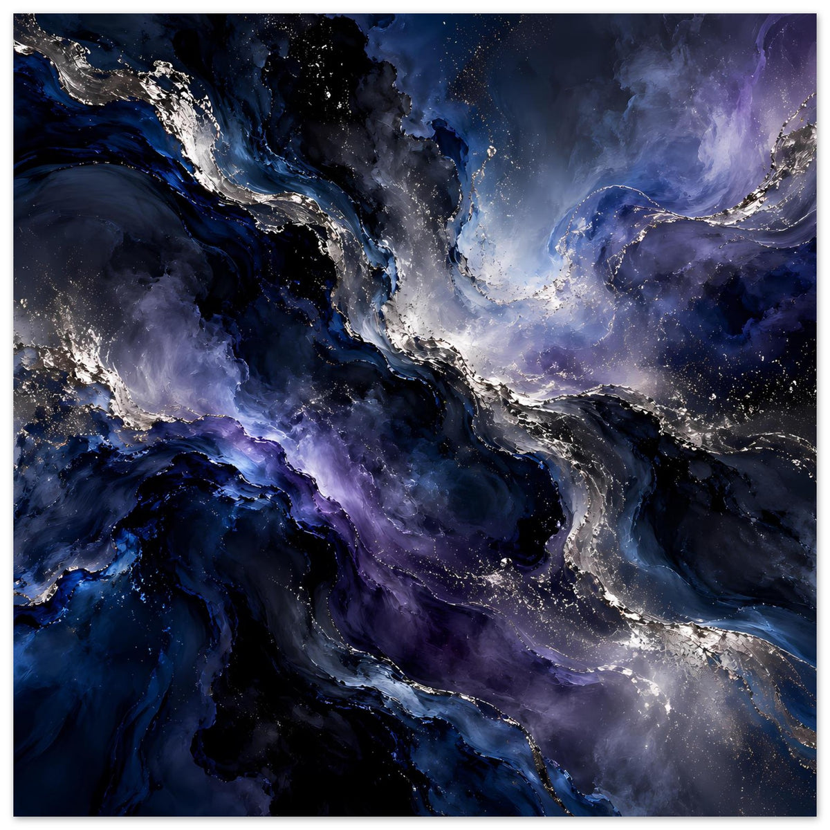 Breitformatiges Weltraum-Poster mit violett-blauen Nebeln und silbernen Lichtfäden.