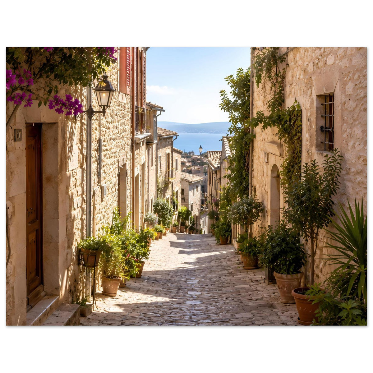 Kunstposter im Querformat mit sonniger Gasse, Steinhäusern, Kübeln und Lila Blüten