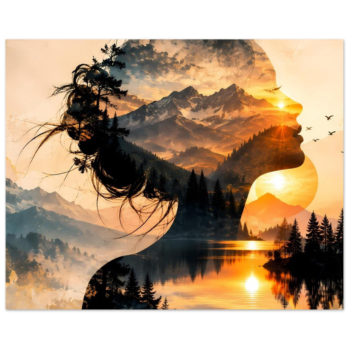 Wandposter mit Doppelbelichtung: Frauenprofil und Bergsee bei Sonnenuntergang