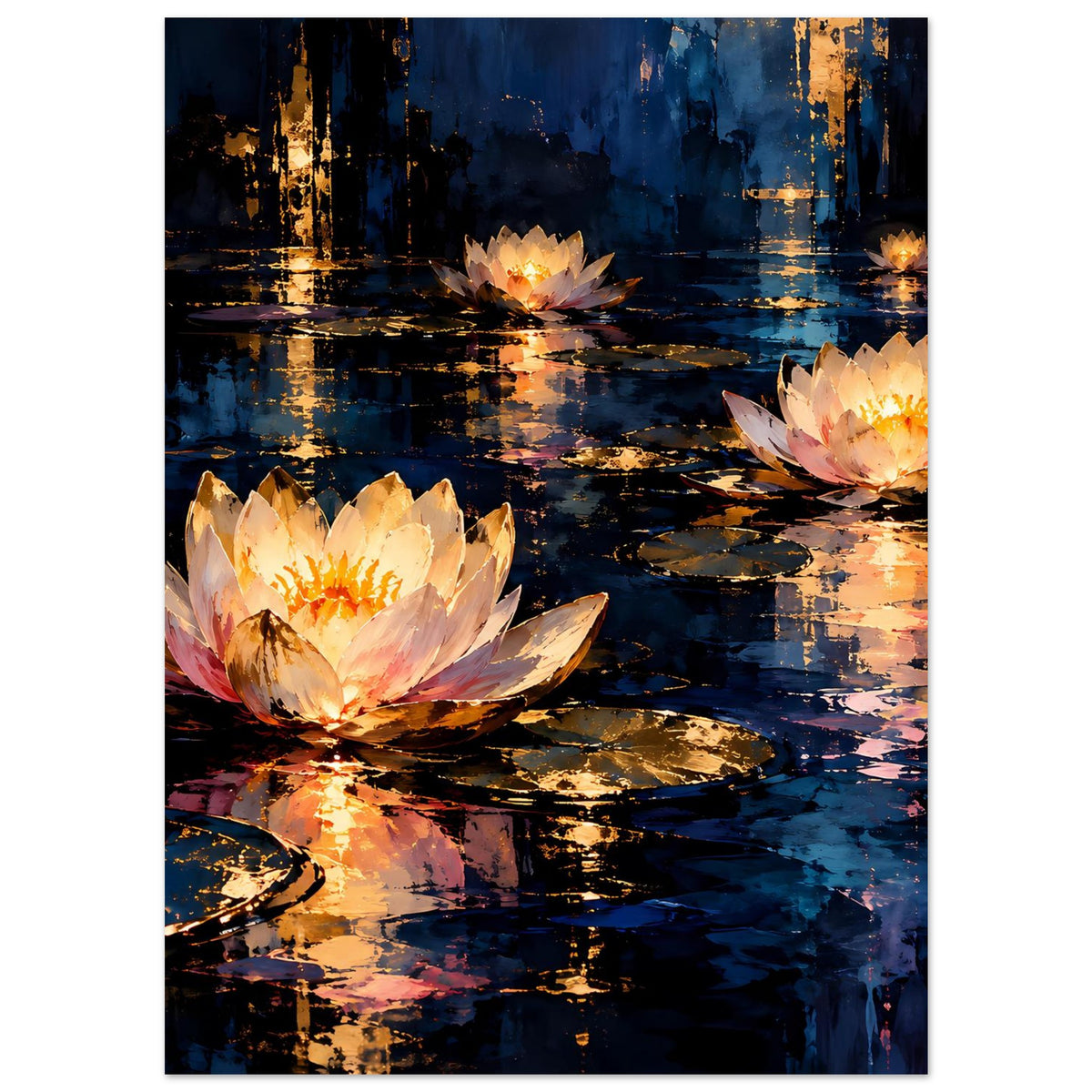 Blumenposter mit leuchtender Seerose vorn und zwei weiteren im Hintergrund, goldfarben