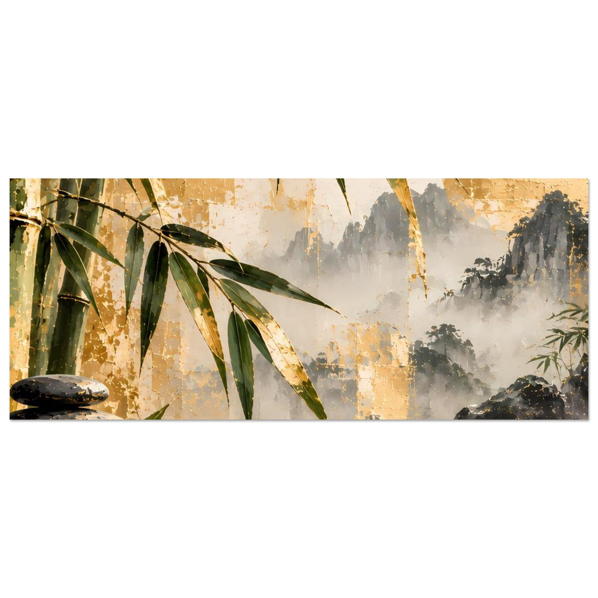 Horizontales Poster, Bambus links und Wasserfall über grauem Nebel im Gold-Farbton