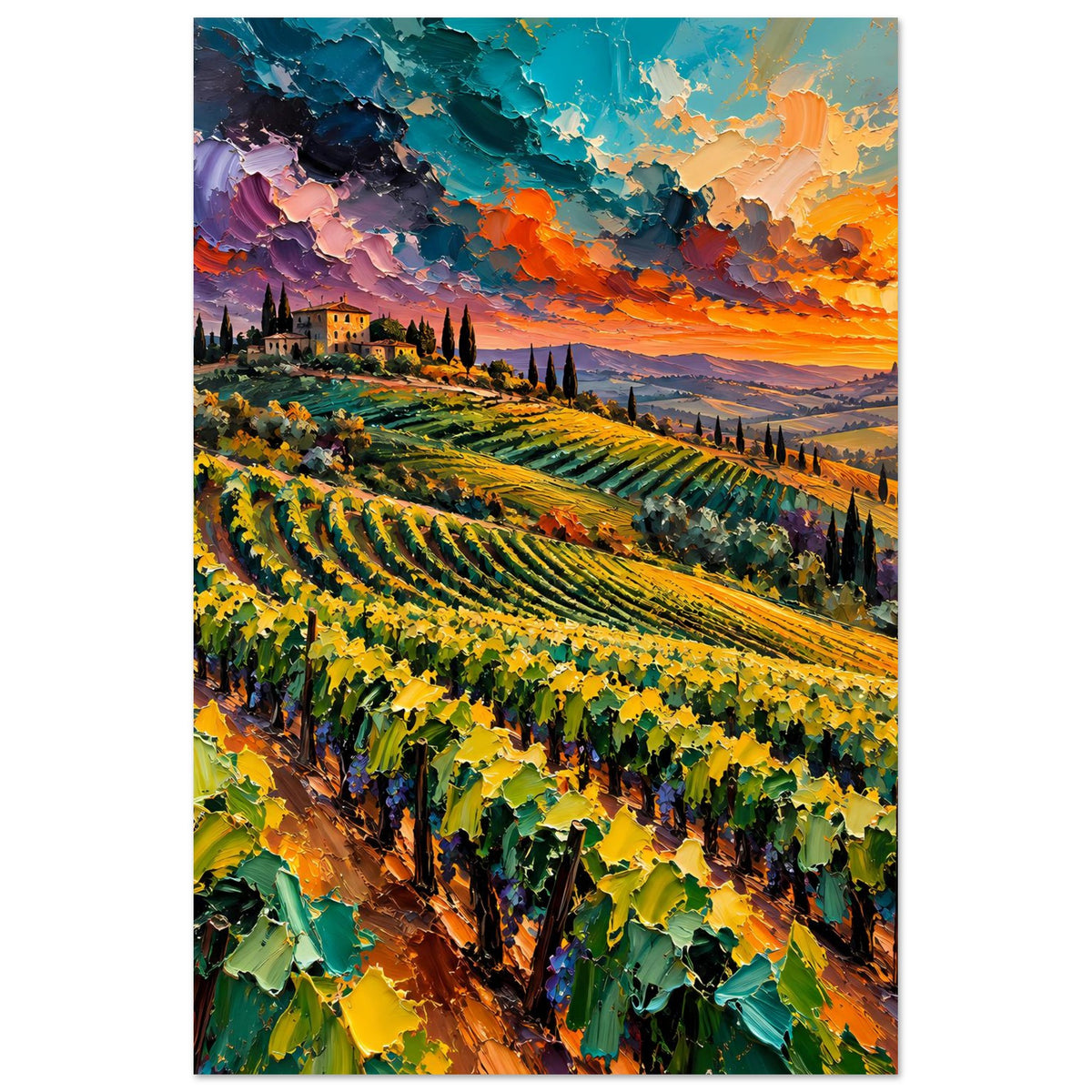 Landschaftsposter im Hochformat mit Weinberg-Reihen und buntem Sonnenuntergangshimmel