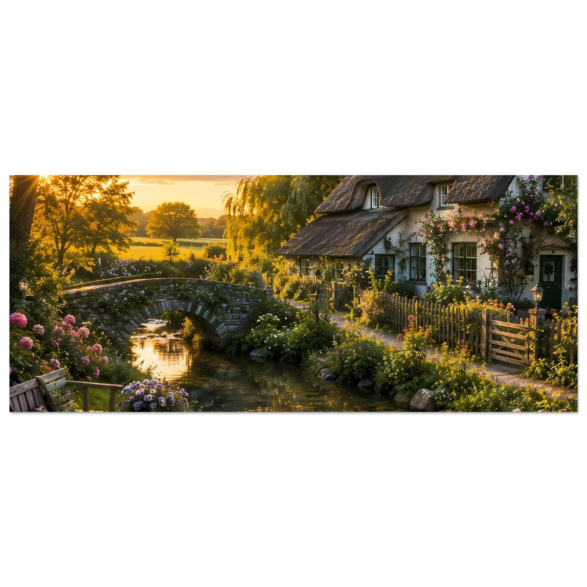 Panorama-Poster mit Bach, Steinbrücke und Landhaus mit Blumen im Garten