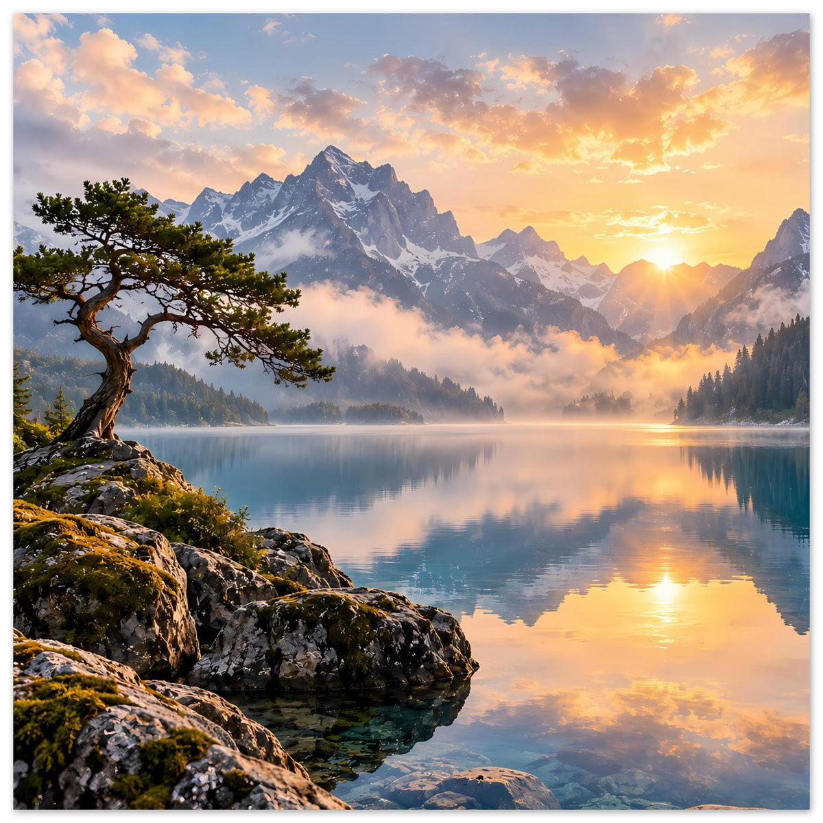 Poster mit Bergsonnenaufgang, Baum am Ufer, Felsen im Vordergrund und See-Reflexion