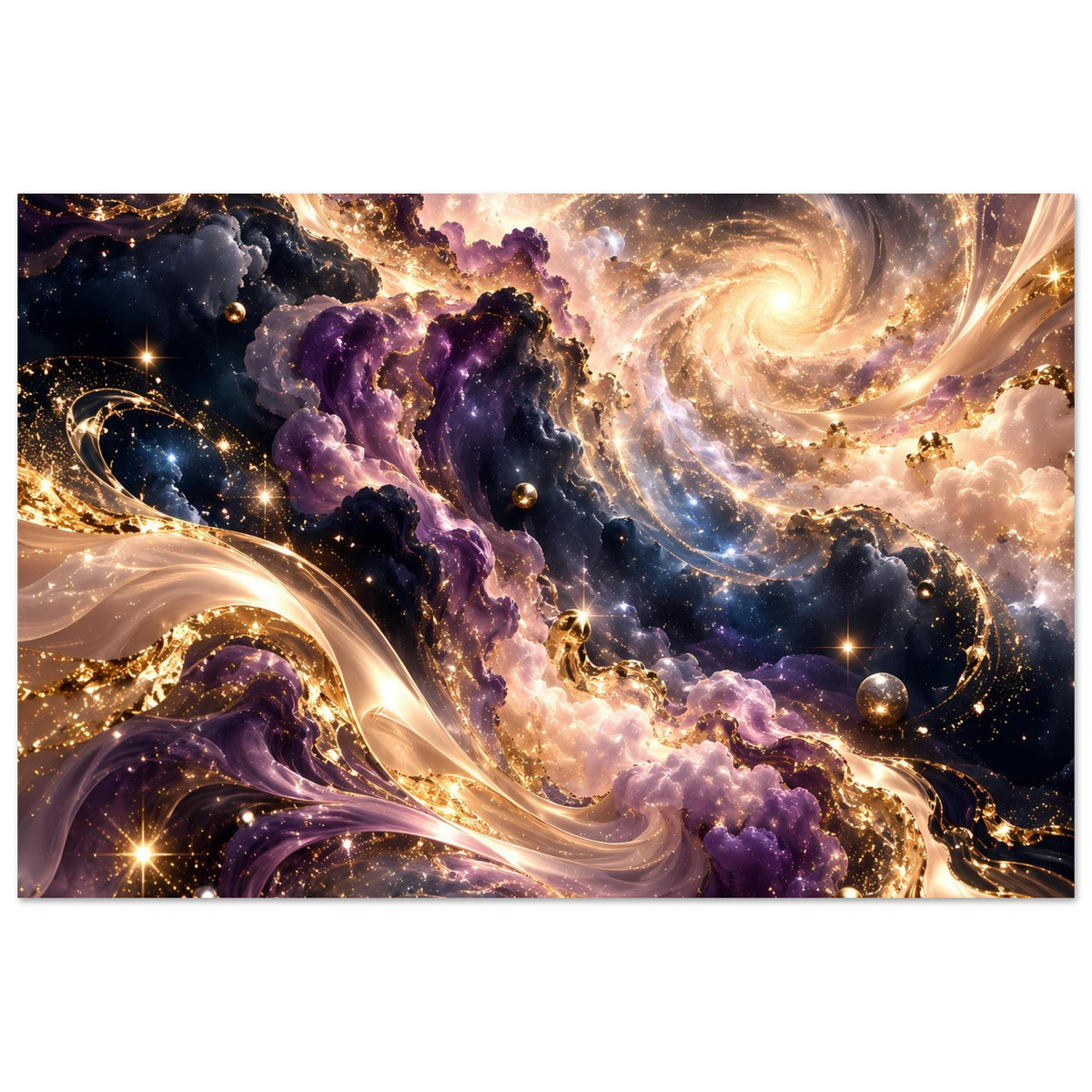 Kunstdruck im Querformat: violetter Nebel und goldene Strömungen im Weltraum, mit Sternen.
