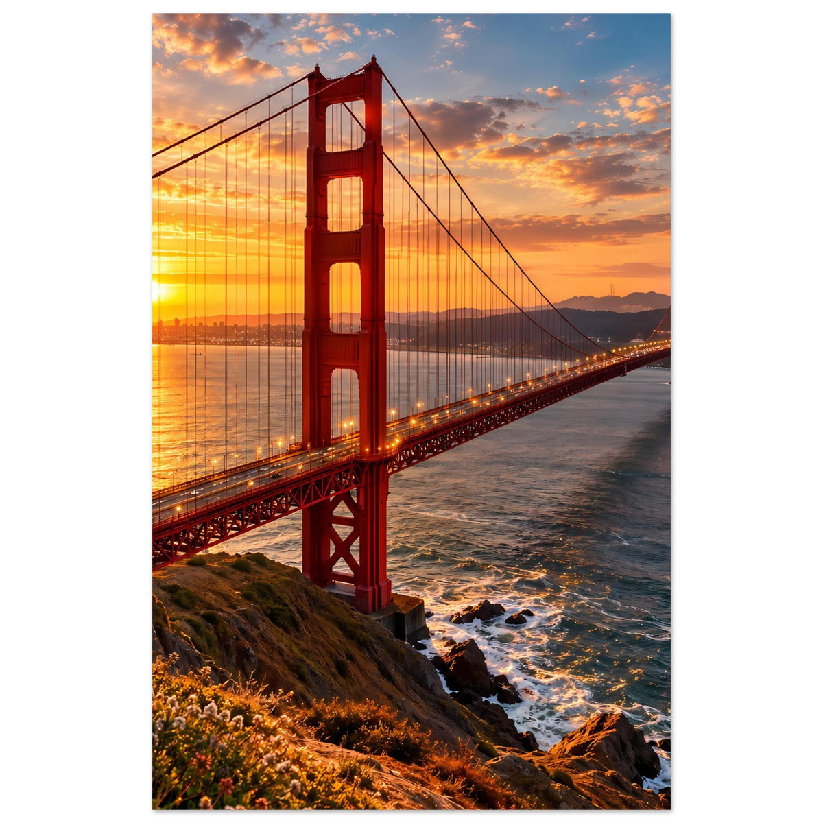 Vertikales Poster: Golden Gate Bridge im Sonnenuntergang über Wasser und Ufer