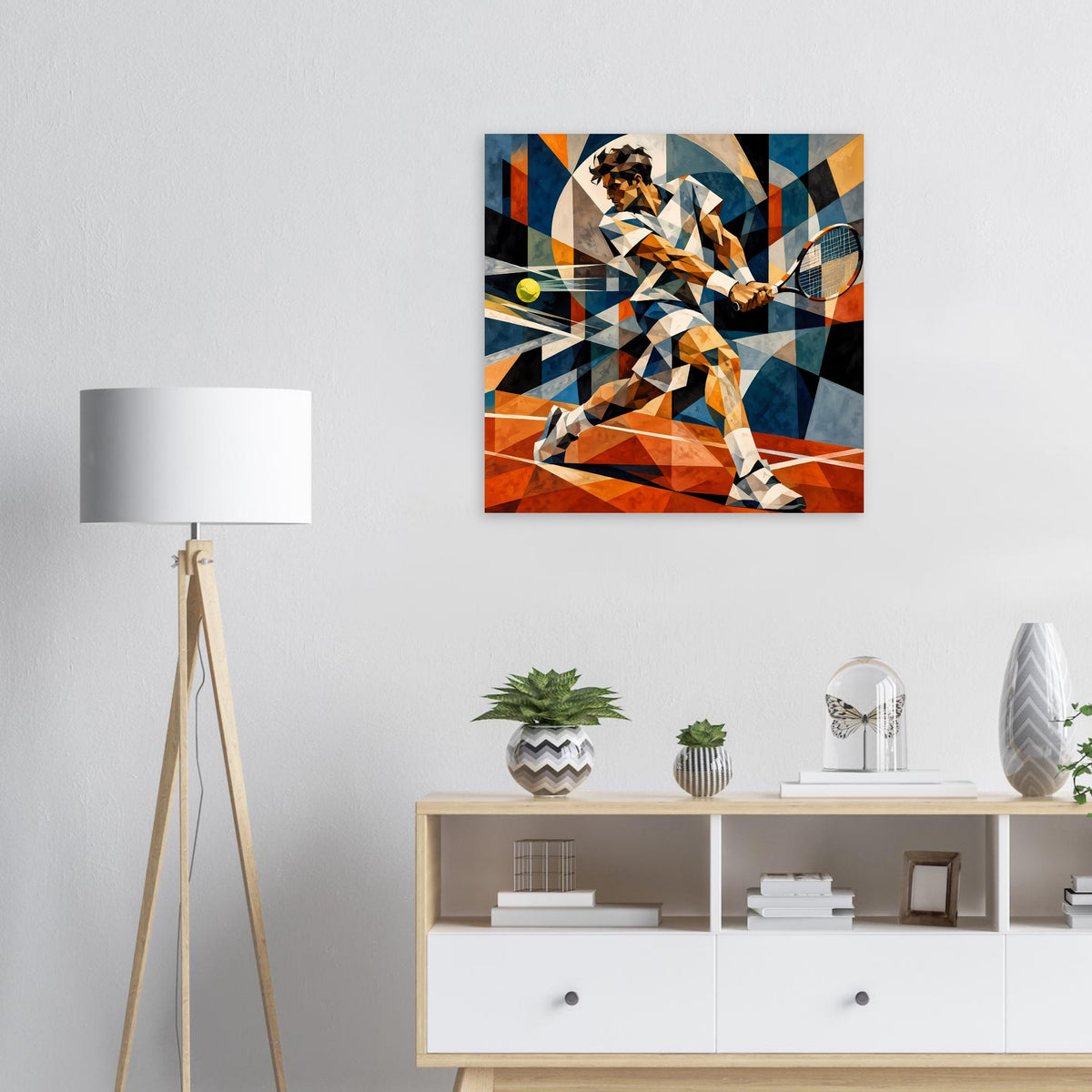 Quadratisches Kunstposter mit geometrischem Tennismotiv in Blau und Orange