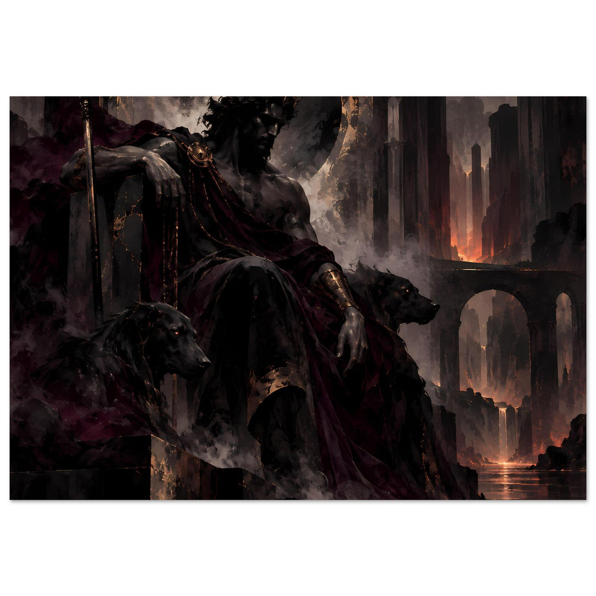 Dark-Fantasy-Poster (quer) mit gekrönter Kriegerfigur, Mondsymbol, Türme und Feuer am Wasser