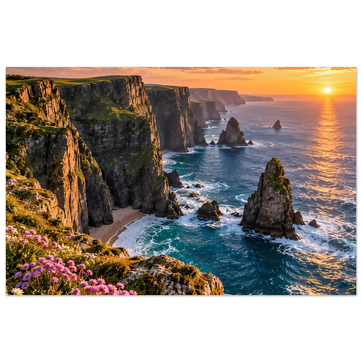 Gerahmtes Poster: Küstenklippen bei Sonnenuntergang, pinke Blüten im Vordergrund