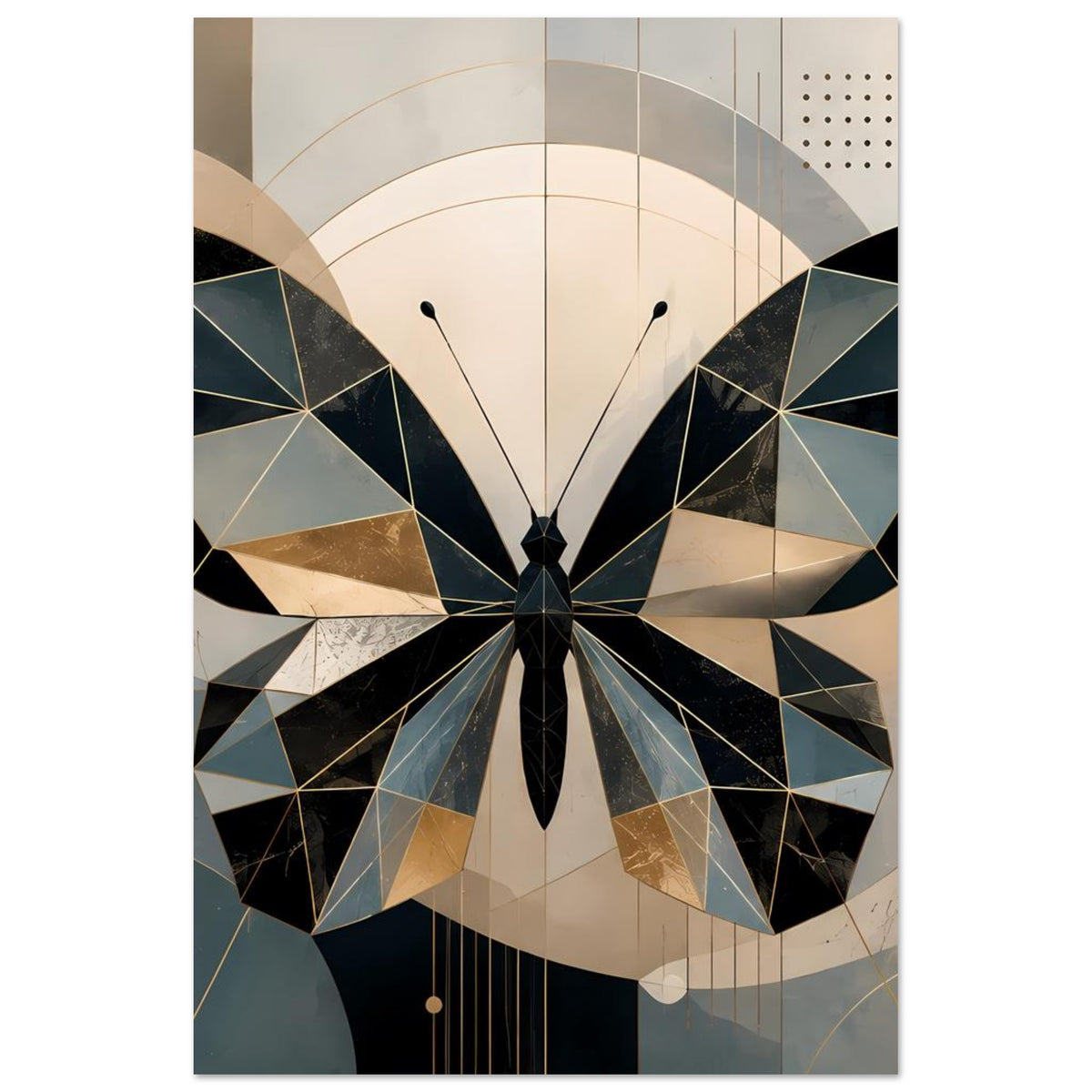Rechteckiges Poster mit geometrischem Schmetterling, petrolblau, goldgelb und schwarz