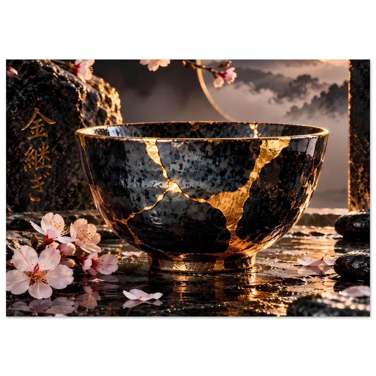 Poster zeigt Kintsugi-Schale: schwarze Schüssel mit goldenen Risslinien, Blumen und Steine