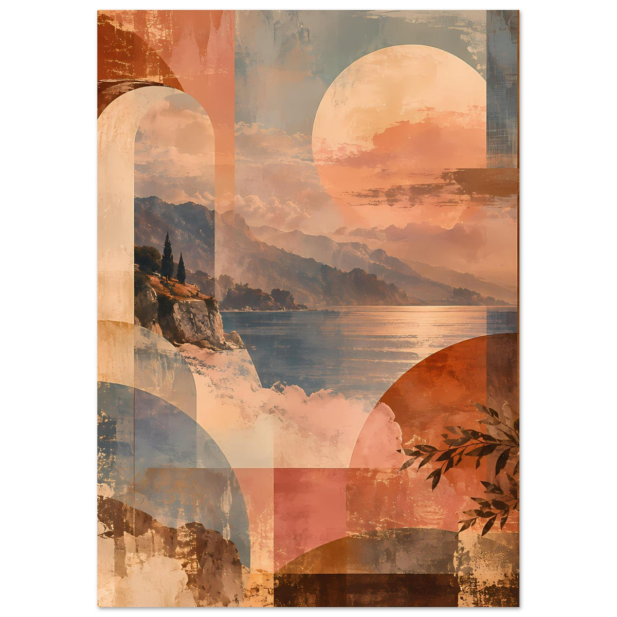 Abstraktes Küstenposter: Sonnenkreis über Wasser, Berge, geschwungene Bögen, Blattzweig