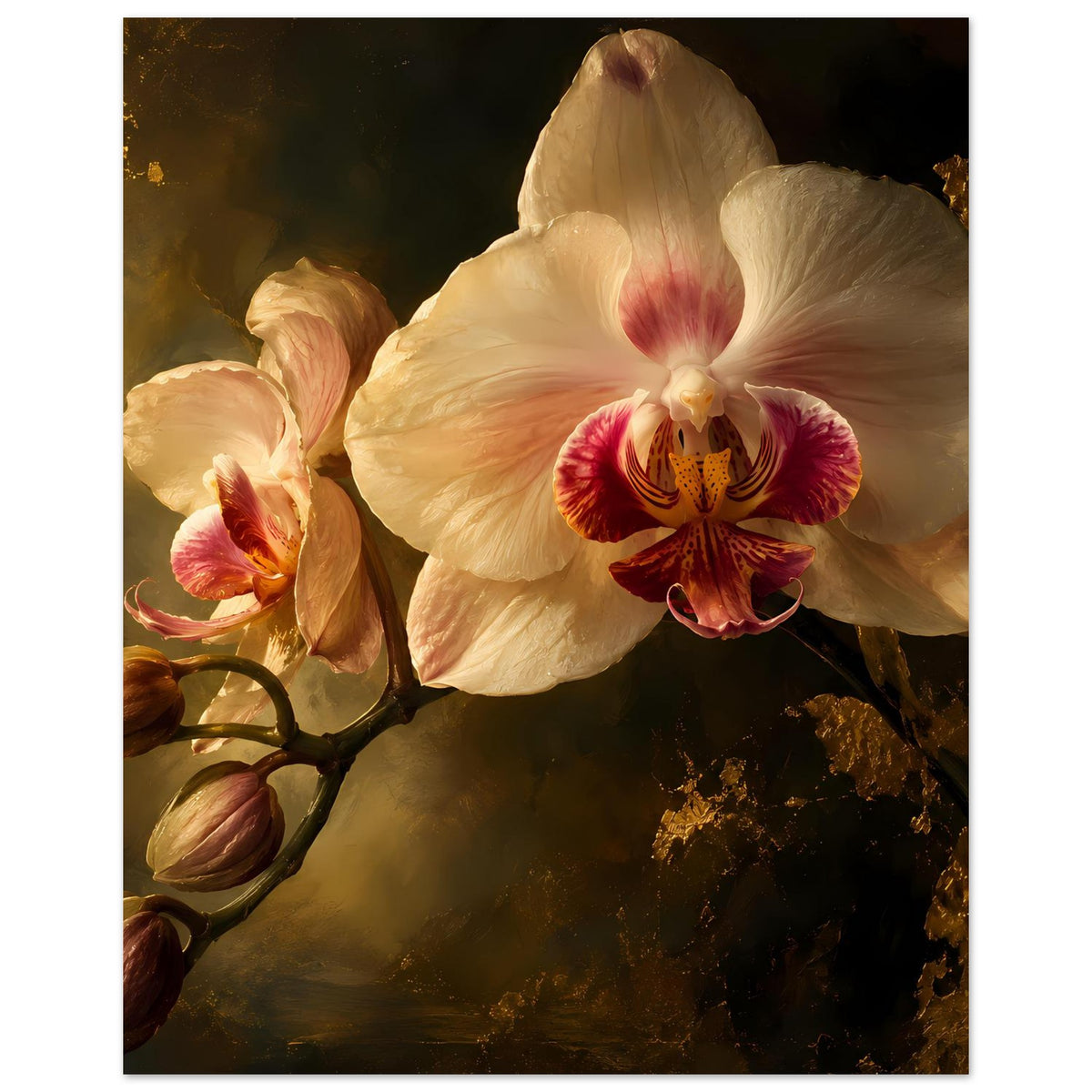 Orchideenposter: cremeweiße Orchideenblüte mit rosafarbenem Zentrum, links Knospen und goldene Akzente