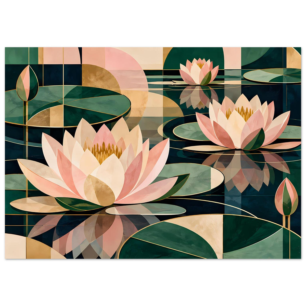Lotus-Grafikposter horizontal, Seerosenblüten mit goldenen Akzenten und grünen Blättern