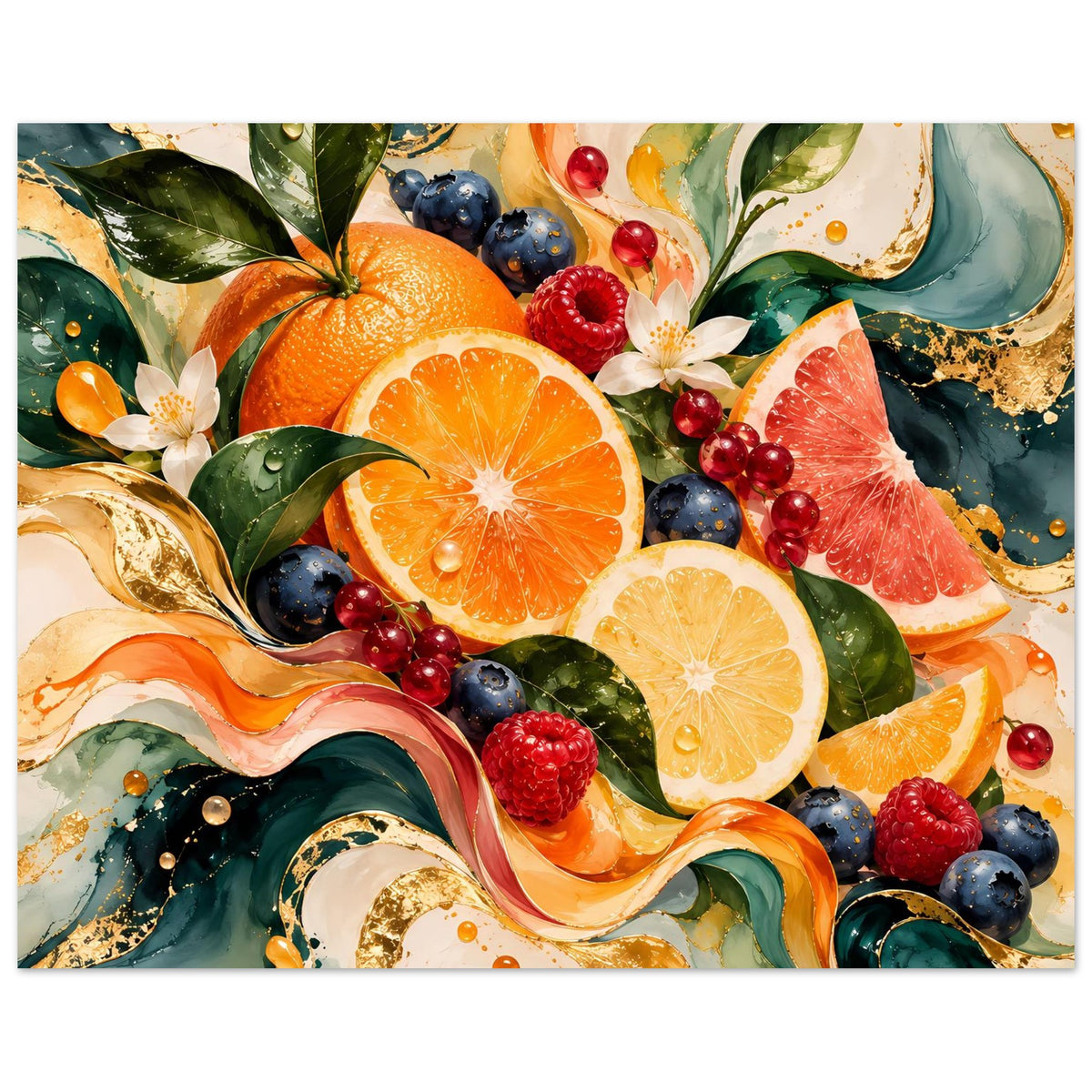 Poster mit Früchtecollage: Orange, Zitronenscheiben, Beeren, Blätter und Goldspritzer
