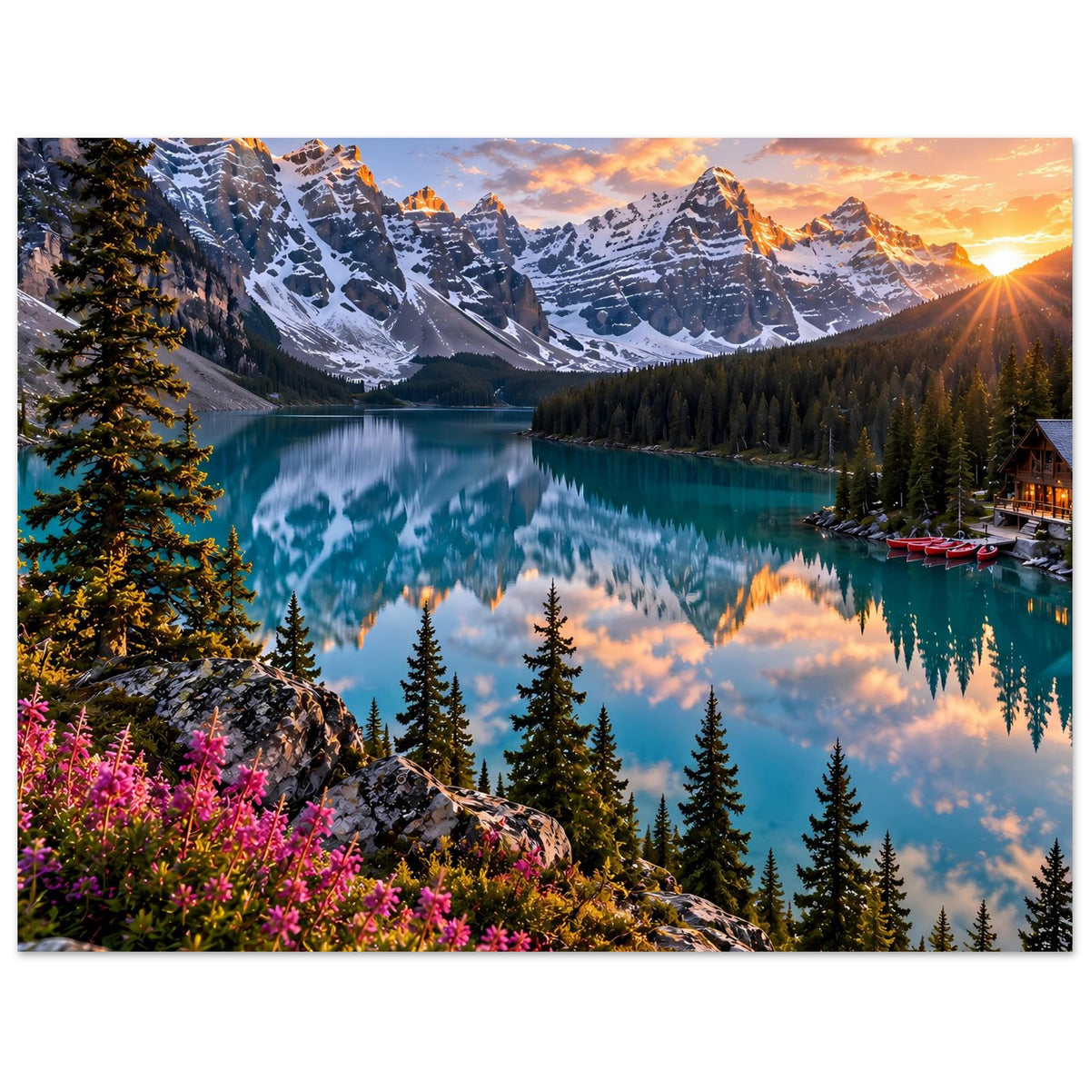 Poster Bergsee im Abendlicht, türkisfarbenes Wasser, Pinienwald, pinke Blüten und Boote