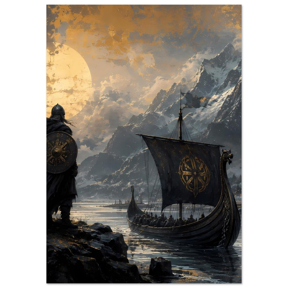 Poster mit Vikingkrieger im Vordergrund und Langschiff vor schroffen Bergen