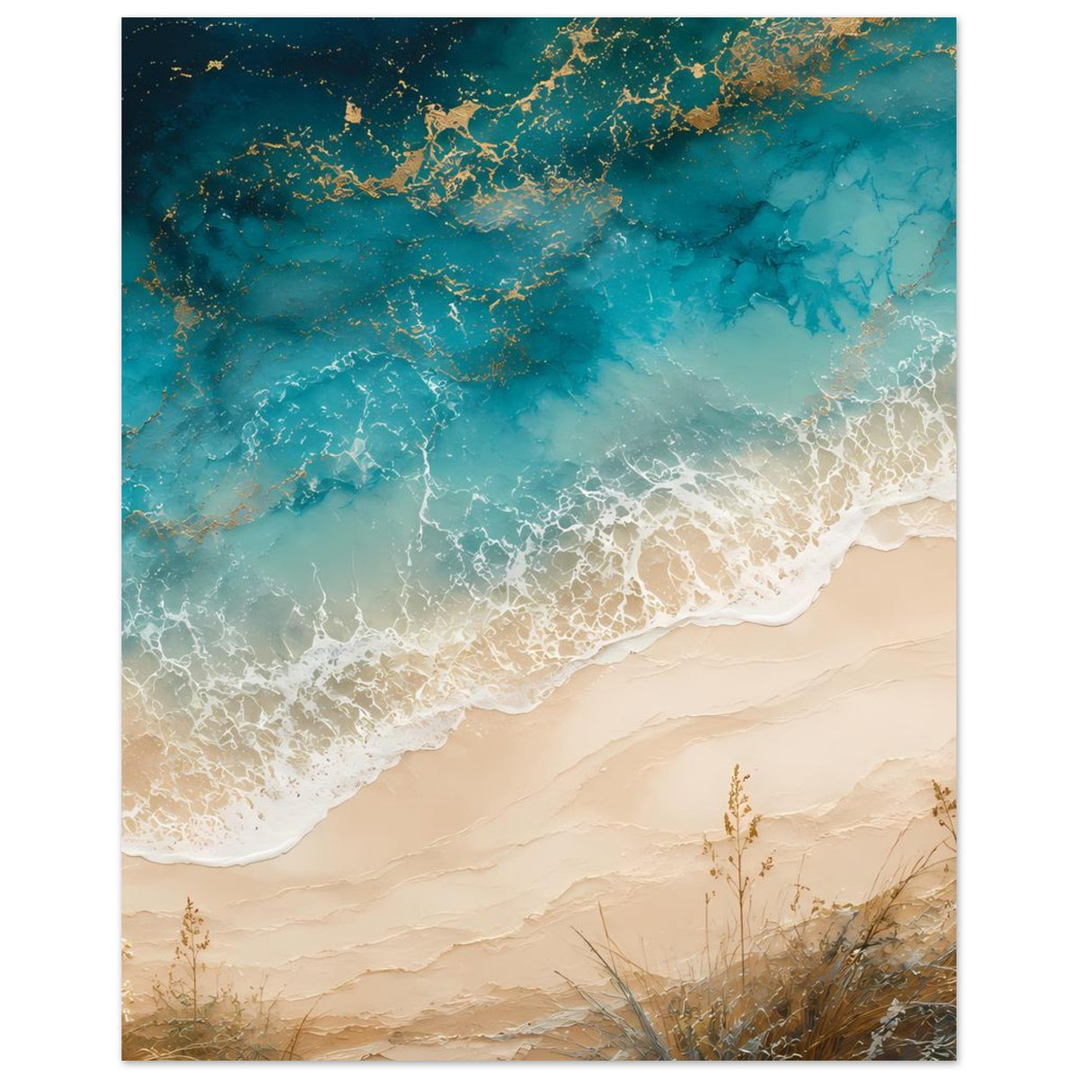 Strandposter „Ocean Breeze“: Meer-Wellenlinie mit weißem Schaum über beigem Sand und Pflanzen.