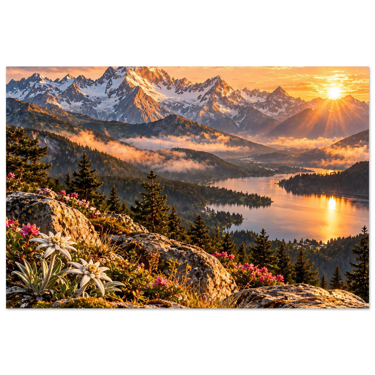 Landschaftsposter mit Alpenkette, ruhigem See bei Sonnenaufgang; blühende Pflanzen am Fels.