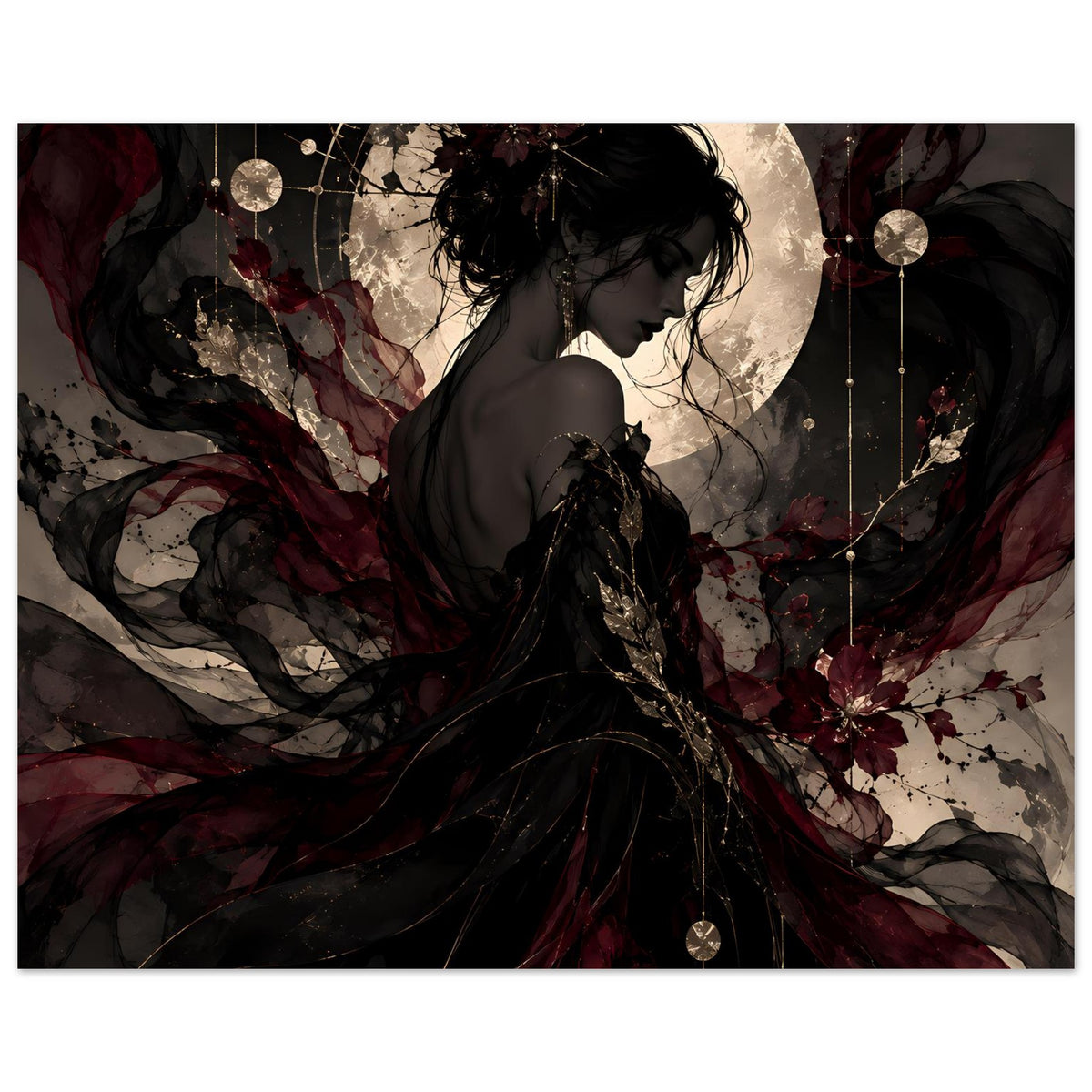 Poster mit Frauensilhouette im Profil, Mondscheibe, dunkle Ornamentblüten und Kreise