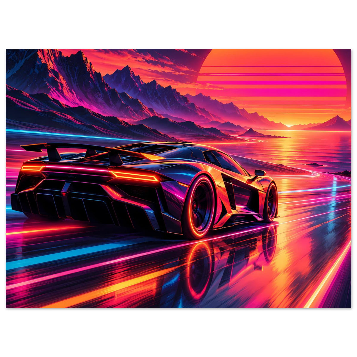 Supercar-Poster mit futuristischem Wagen, aggressiver Frontpartie, Reifen und Neon-Details