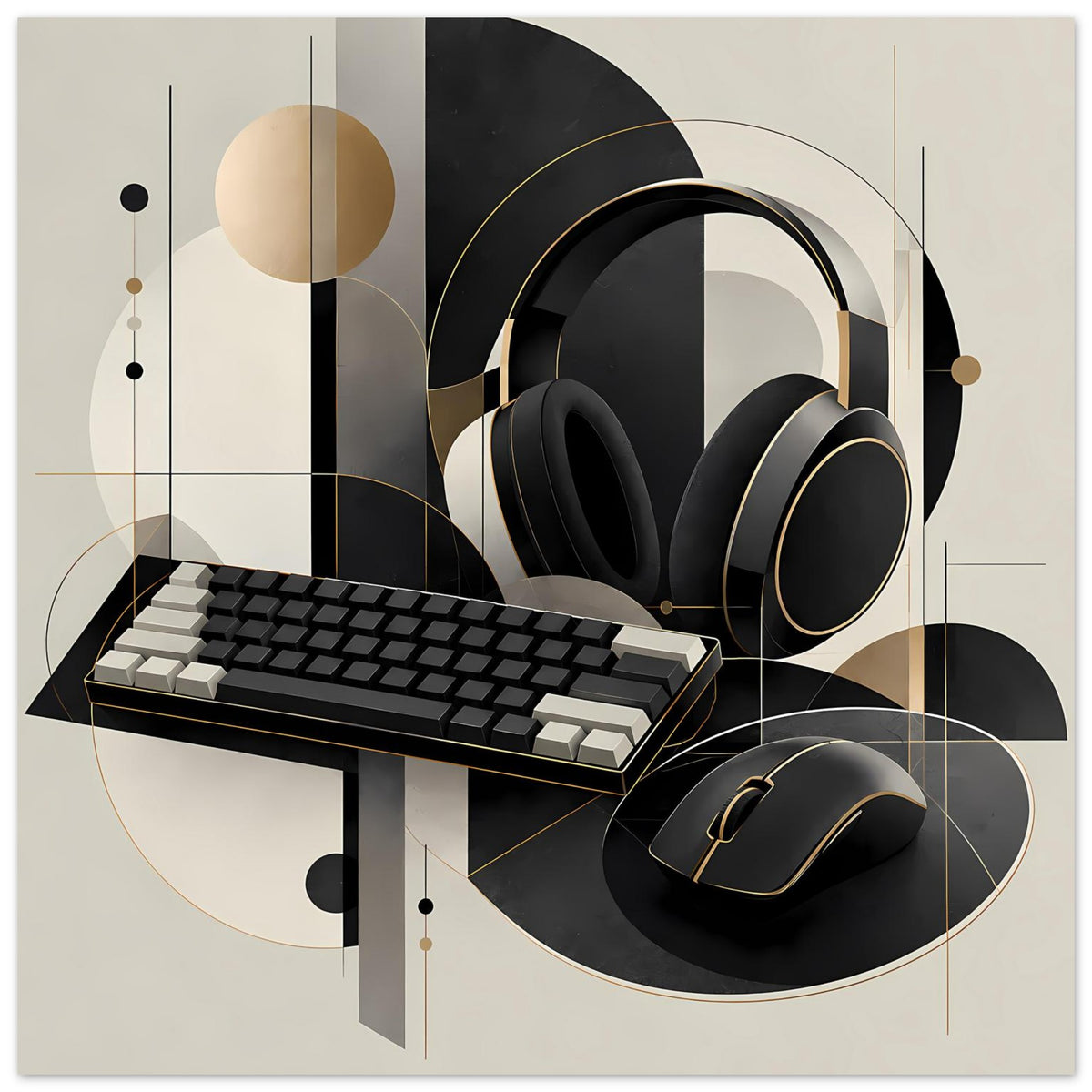 Gaming-Poster mit Headset, Tastatur und Maus, geometrisches Design mit goldenen Linien