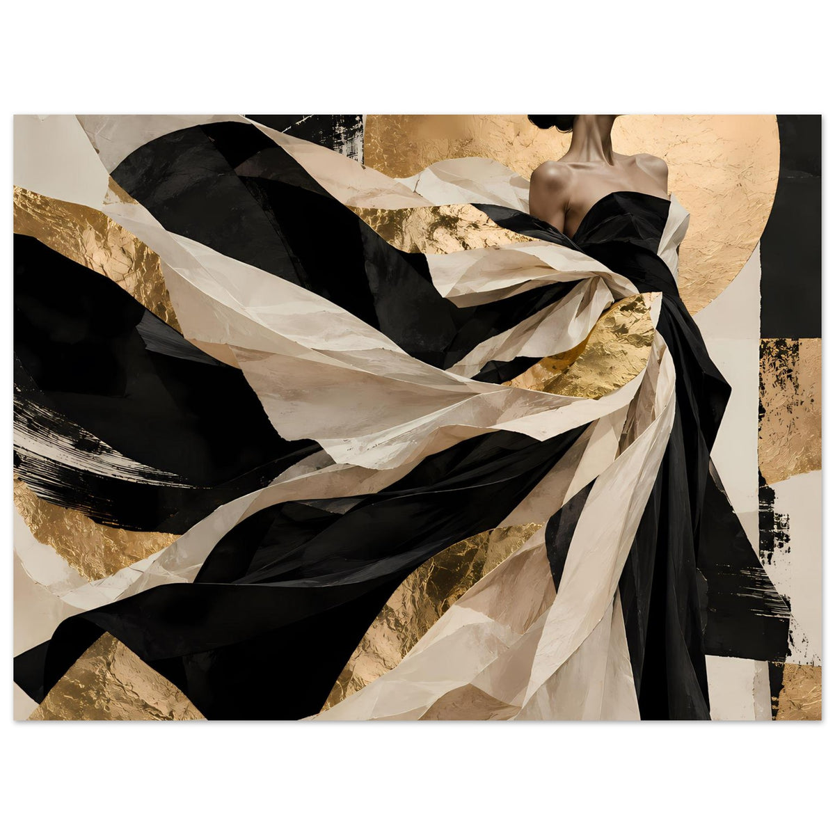 Horizontales Kunstposter: Drapierung im schwarzen Kleid, goldige Sprenkel, abstrakte Striche