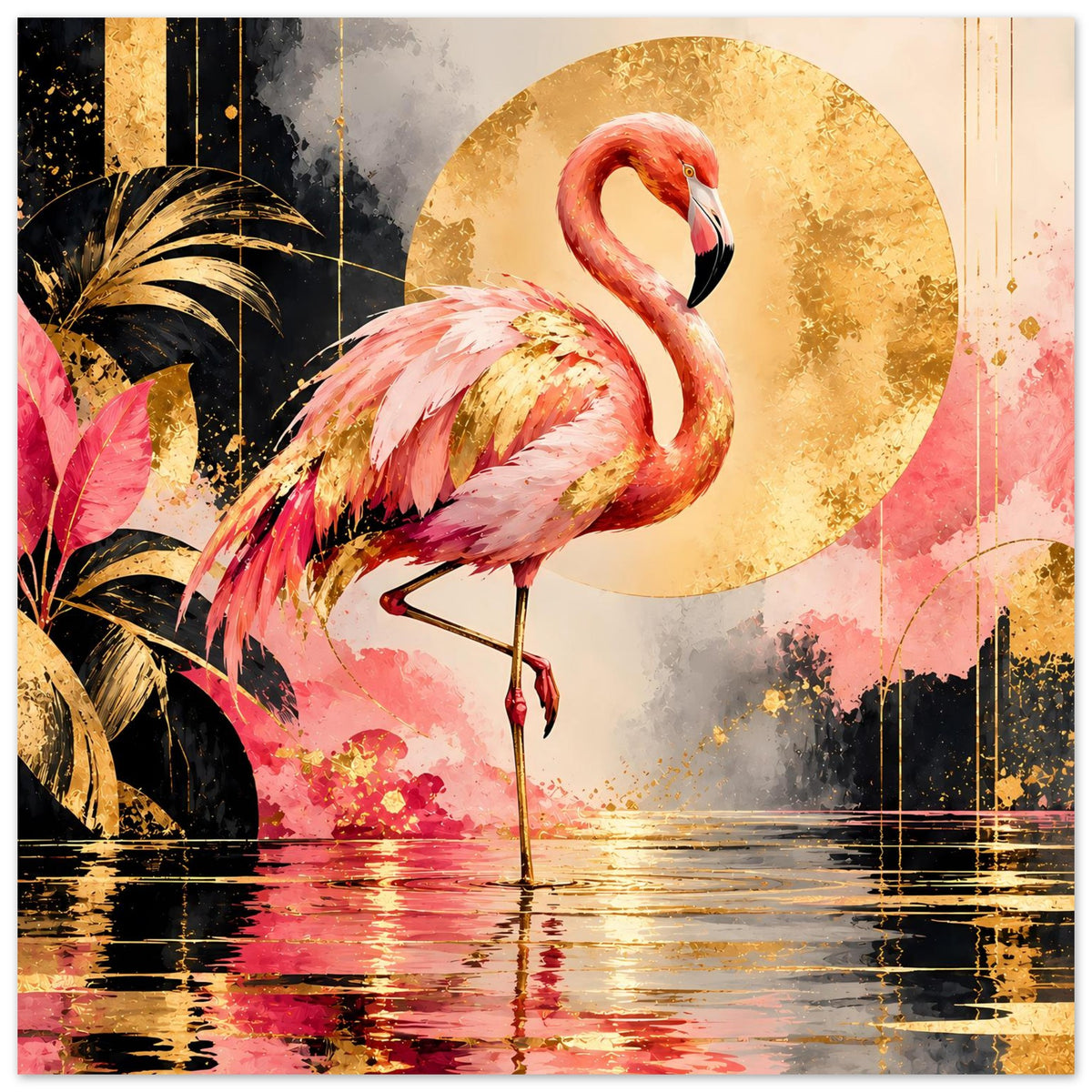 Tierposter mit Flamingo, goldener Kreis-Scheibe und Spiegelung in Pink und Gold