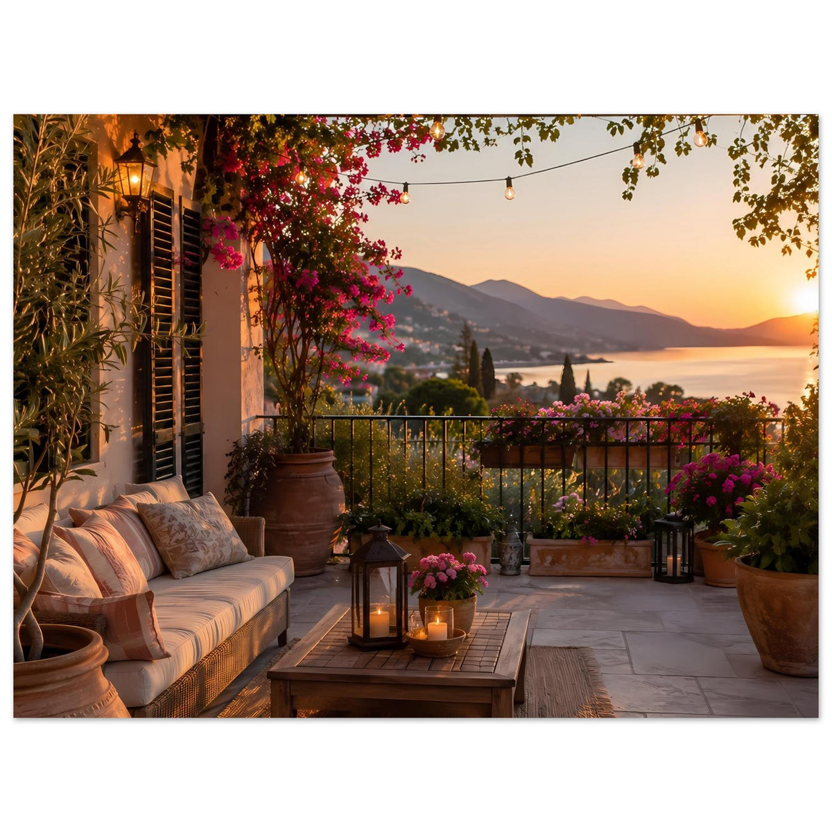 Terrassen-Poster mit Sonnenuntergang, Balkon, Lichterkette, Laterne, Blumentöpfen und Kissen