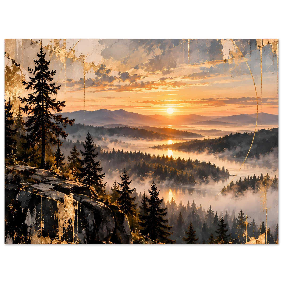 Landschaftsposter mit Sonnenaufgang, Felsvordergrund und Nebel über dem Wald