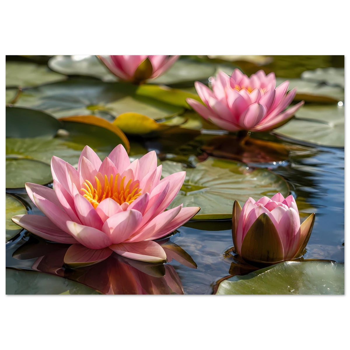 Poster mit rosa Seerosen auf Wasser, grüne Blätter und gelb-orangen Blütenmitten