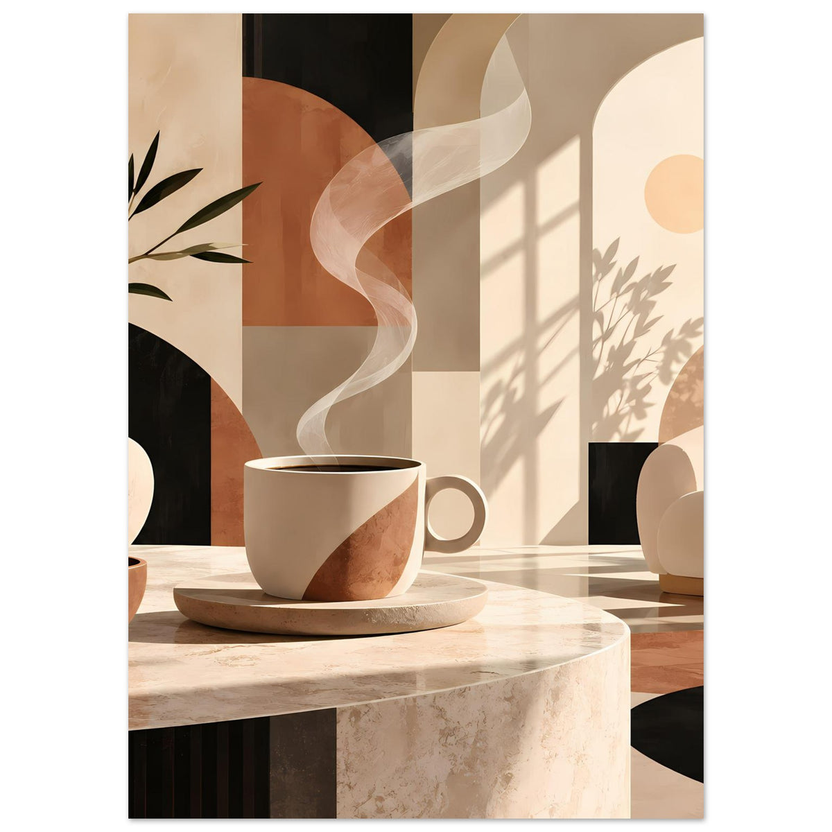 Poster mit Wohn-Illustration in Beigetönen: Tasse auf Marmortisch, Sofa und Schatten