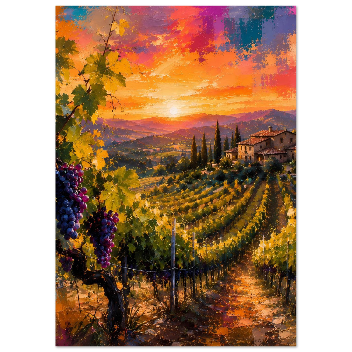Poster Weinberg-Landschaft mit Landhaus rechts, Weintrauben links und leuchtendem Abendhimmel