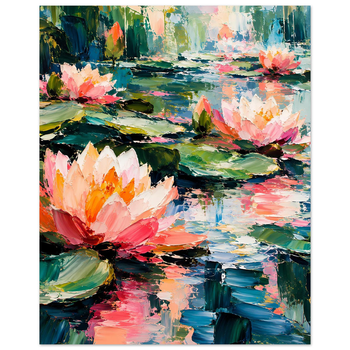 Hochformat-Poster mit Seerosenblüten in Pink und Orange, grün-blaue Spiegelungen im Wasser