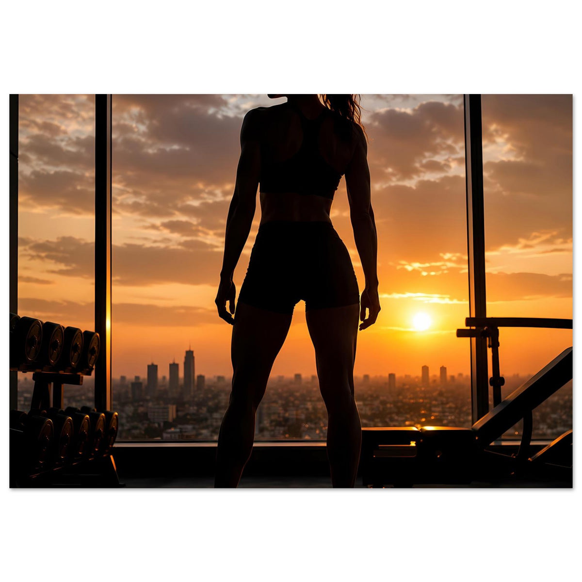Fitness-Poster mit ganzer Sportlerin-Silhouette vor Sonnenuntergang und Stadtpanorama