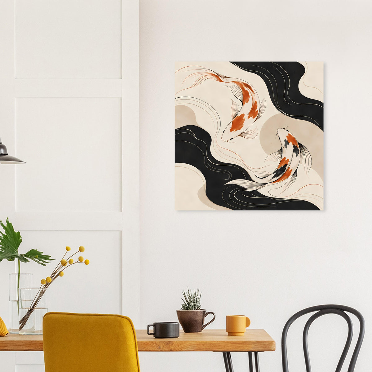 Quadratisches Koi-Wellenposter, schwarz-beige mit orangefarbenen Akzenten.