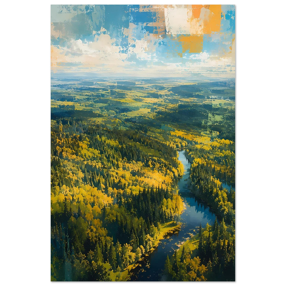 Hochformat-Poster mit Fluss durch gelb leuchtenden Herbstwald