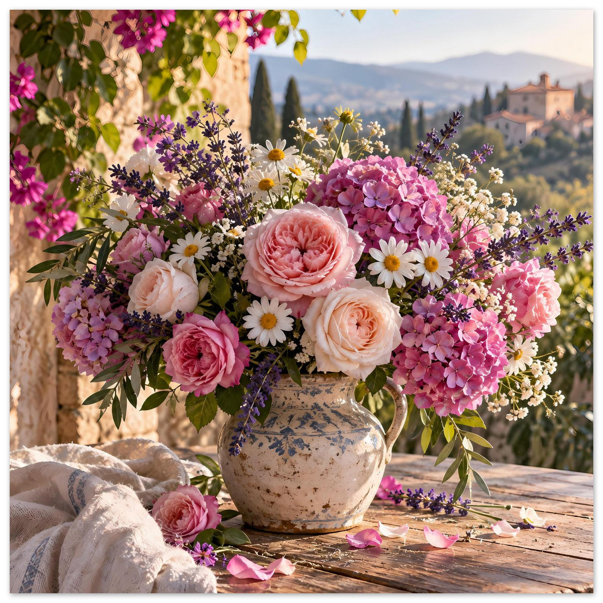 Blumenposter im Hochformat: farbenfroher Blumenkorb in Vase mit rosa und lila Blüten
