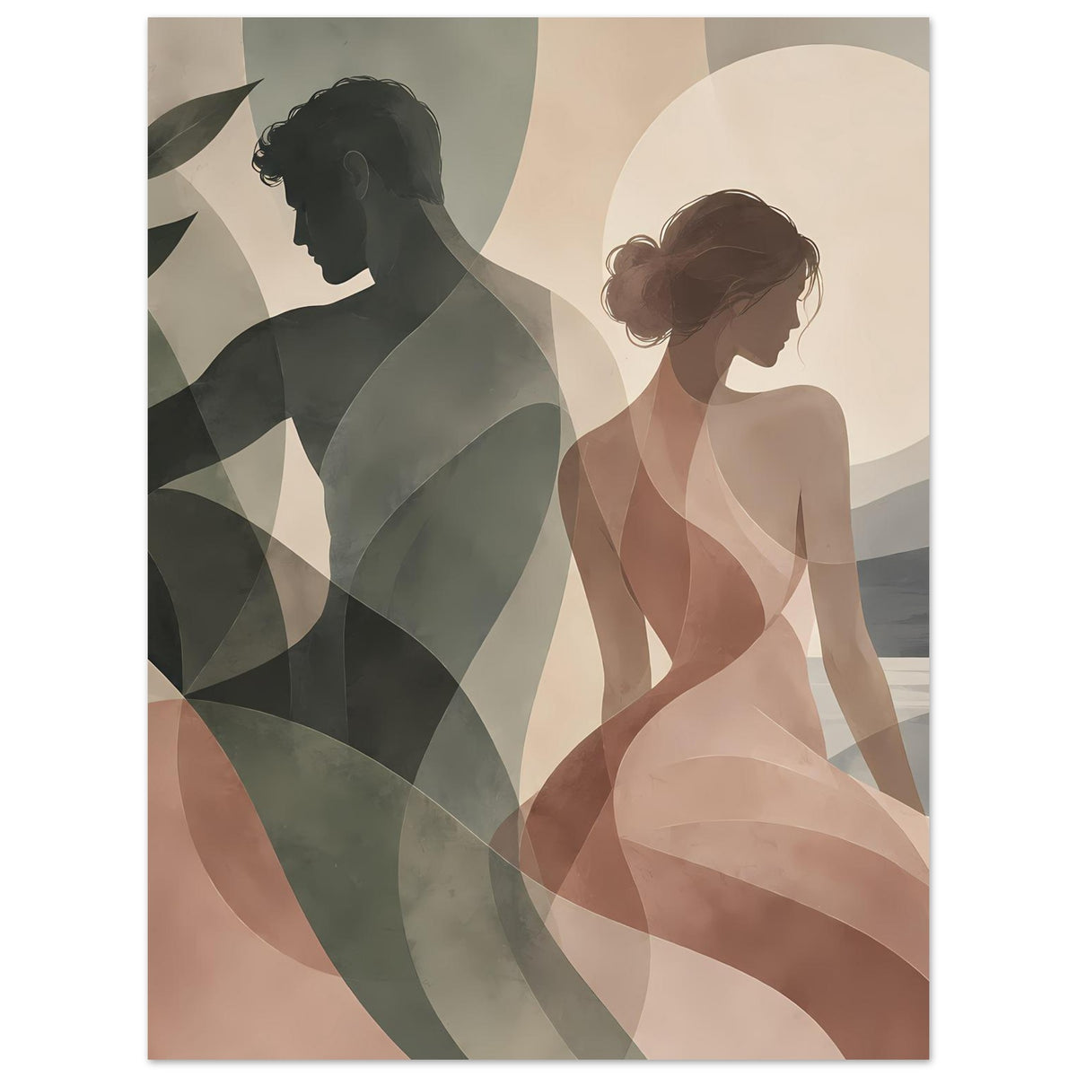 Abstraktes Liebesposter: zwei Frauen-Silhouetten in gedecktem Grün und Rosa vor Kreis im Hintergrund