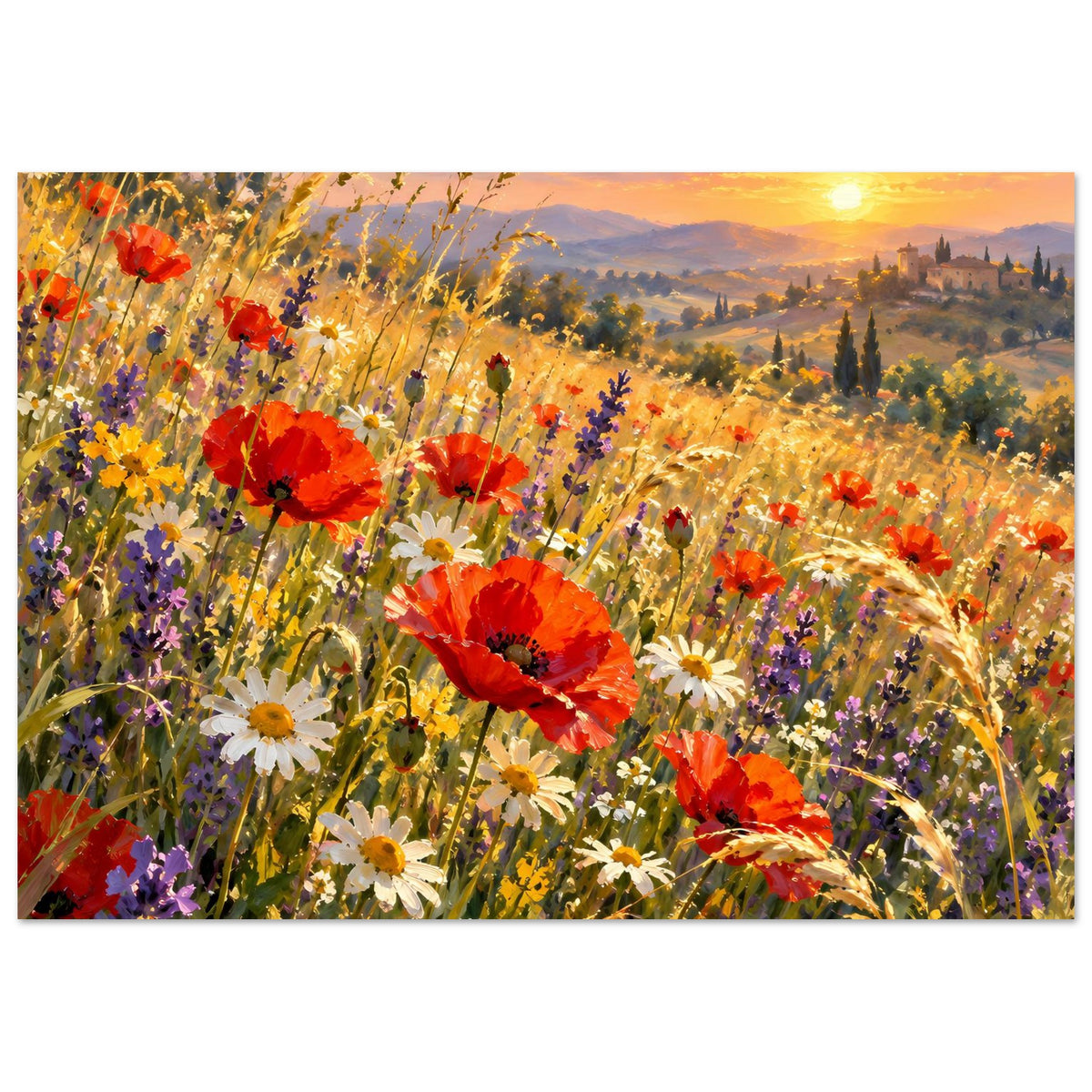 Wildblumenposter im Querformat mit roten Mohnblumen, weißen Gänseblümchen und sonnigem Himmelsstreifen.