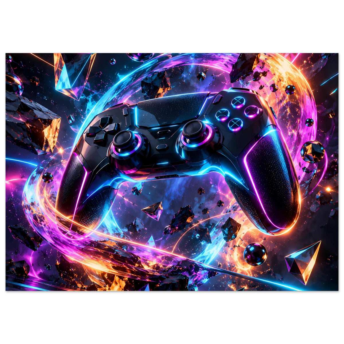 Futuristisches Gaming-Controller-Poster mit Nahansicht des Controllers und Neonfarben