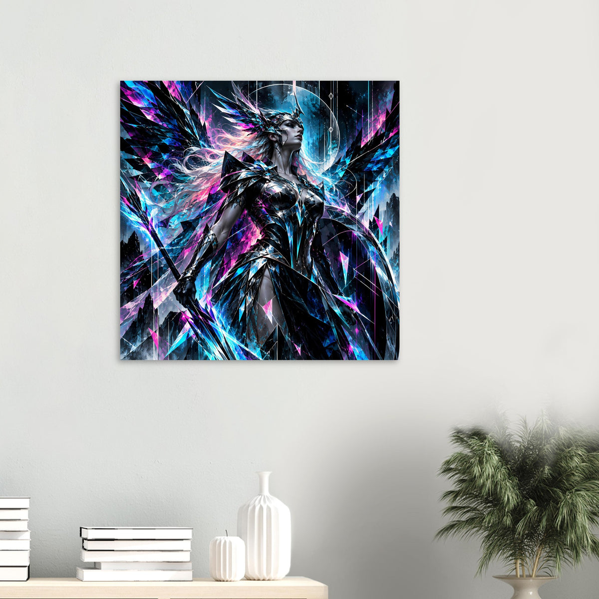 Neon-Valkyrie-Poster im Quadratformat, Kriegerin in silberner Rüstung mit leuchtendem Hintergrund